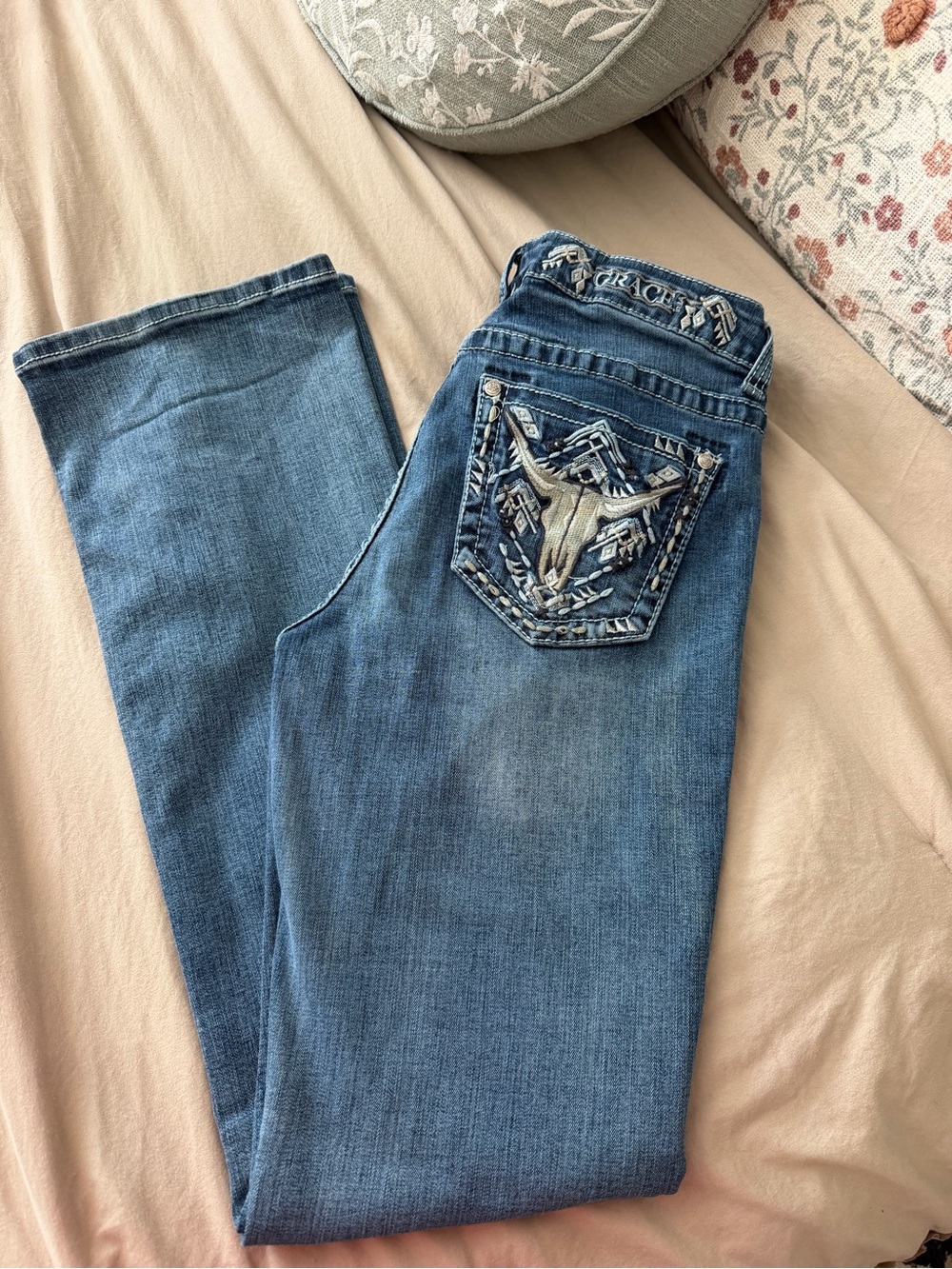 Grace in LA Medium Blue Bootcut Jeans with Embroidered Back Pockets